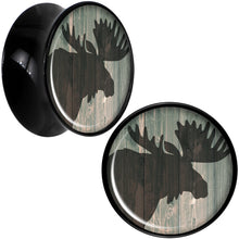 Load image into Gallery viewer, Holiday Rustic Wood Moose Black Acrylic Saddle Plug Set Sizes 5mm to 20mm
