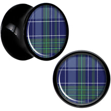 Load image into Gallery viewer, Holiday Blue Green Plaid Black Acrylic Saddle Plug Set Sizes 5mm to 20mm

