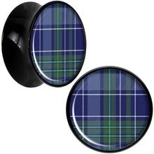 Load image into Gallery viewer, Holiday Blue Green Plaid Black Acrylic Saddle Plug Set Sizes 5mm to 20mm
