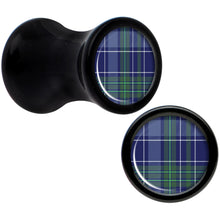 Load image into Gallery viewer, Holiday Blue Green Plaid Black Acrylic Saddle Plug Set Sizes 5mm to 20mm
