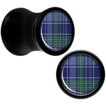 Load image into Gallery viewer, Holiday Blue Green Plaid Black Acrylic Saddle Plug Set Sizes 5mm to 20mm
