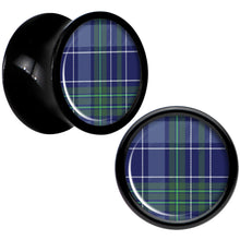 Load image into Gallery viewer, Holiday Blue Green Plaid Black Acrylic Saddle Plug Set Sizes 5mm to 20mm
