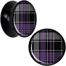 Load image into Gallery viewer, Winter Purple Black Plaid Black Acrylic Saddle Plug Set Sizes 5mm to 20mm
