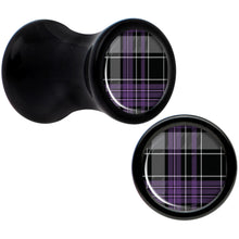 Load image into Gallery viewer, Winter Purple Black Plaid Black Acrylic Saddle Plug Set Sizes 5mm to 20mm
