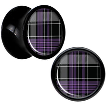 Load image into Gallery viewer, Winter Purple Black Plaid Black Acrylic Saddle Plug Set Sizes 5mm to 20mm
