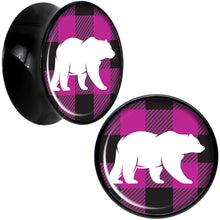 Load image into Gallery viewer, Pink Black Plaid Polar Bear Black Acrylic Saddle Plug Set Sizes 5mm to 20mm
