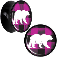 Load image into Gallery viewer, Pink Black Plaid Polar Bear Black Acrylic Saddle Plug Set Sizes 5mm to 20mm
