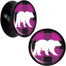 Load image into Gallery viewer, Pink Black Plaid Polar Bear Black Acrylic Saddle Plug Set Sizes 5mm to 20mm
