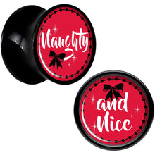 Load image into Gallery viewer, Red Holiday Naughty and Nice Black Acrylic Saddle Plug Set Sizes 6mm to 20mm
