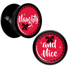 Load image into Gallery viewer, Red Holiday Naughty and Nice Black Acrylic Saddle Plug Set Sizes 6mm to 20mm
