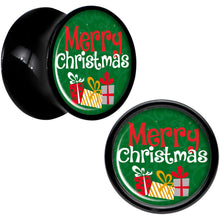 Load image into Gallery viewer, Merry Christmas Presents Black Acrylic Saddle Plug Set Sizes 8mm to 20mm
