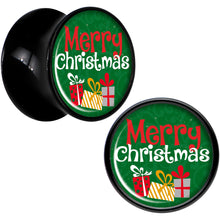 Load image into Gallery viewer, Merry Christmas Presents Black Acrylic Saddle Plug Set Sizes 8mm to 20mm

