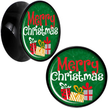 Load image into Gallery viewer, Merry Christmas Presents Black Acrylic Saddle Plug Set Sizes 8mm to 20mm

