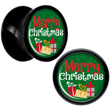 Load image into Gallery viewer, Merry Christmas Presents Black Acrylic Saddle Plug Set Sizes 8mm to 20mm
