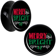 Load image into Gallery viewer, Christmas Merry and Bright Black Acrylic Saddle Plug Set Sizes 8mm to 20mm
