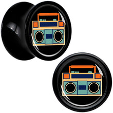 Load image into Gallery viewer, Black Acrylic Retro Boombox Double Flare Plug Set by Onyx O

