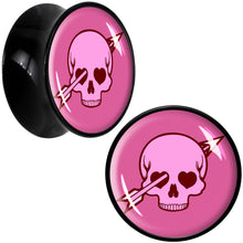 Load image into Gallery viewer, Valentine Cupid Skull Black Acrylic Saddle Plug Set by Onyx O

