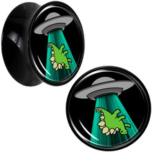 Load image into Gallery viewer, Black Acrylic Alien UFO Dinosaur Abduction Double Flare Plug Set by Onyx O
