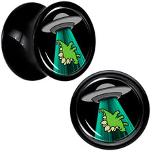 Load image into Gallery viewer, Black Acrylic Alien UFO Dinosaur Abduction Double Flare Plug Set by Onyx O
