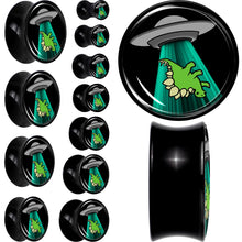 Load image into Gallery viewer, Black Acrylic Alien UFO Dinosaur Abduction Double Flare Plug Set by Onyx O

