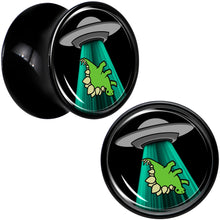 Load image into Gallery viewer, Black Acrylic Alien UFO Dinosaur Abduction Double Flare Plug Set by Onyx O
