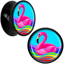 Load image into Gallery viewer, Black Acrylic Rainbow Sea Floating Flamingo Double Flare Plug Set by Onyx O
