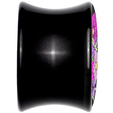 Load image into Gallery viewer, Floral Flowers Skull Black Acrylic Saddle Plug Set 8mm to 20mm by Onyx O
