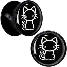 Load image into Gallery viewer, Black and White Kitty Cat Black Acrylic Saddle Plug Set 8mm to 20mm by Onyx O
