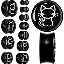 Load image into Gallery viewer, Black and White Kitty Cat Black Acrylic Saddle Plug Set 8mm to 20mm by Onyx O
