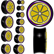 Load image into Gallery viewer, Yellow Slice of Lemon Black Acrylic Saddle Plug Set by Onyx O
