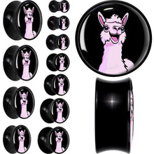 Load image into Gallery viewer, Pink Happy Llama Black Acrylic Saddle Plug Set 8mm to 20mm by Onyx O
