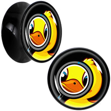 Load image into Gallery viewer, Magnified Yellow Duck Black Acrylic Saddle Plug Set 8mm to 20mm by Onyx O
