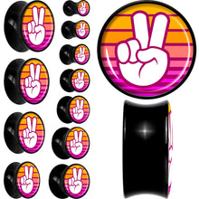 Load image into Gallery viewer, Black Acrylic Retro Peace Fingers Double Flare Plug Set by Onyx O
