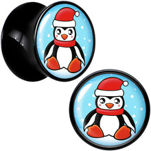 Load image into Gallery viewer, Black Acrylic Snowfall Holiday Penguin Double Flare Plug Set by Onyx O
