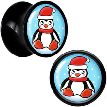 Load image into Gallery viewer, Black Acrylic Snowfall Holiday Penguin Double Flare Plug Set by Onyx O
