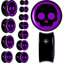 Load image into Gallery viewer, 0G Purple Black Simple Skull Black Acrylic Saddle Plug Set by Onyx O
