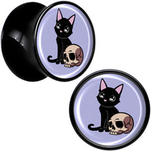 Load image into Gallery viewer, 0G Skull Cat Black Acrylic Saddle Plug Set by Onyx O
