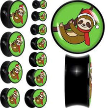 Load image into Gallery viewer, Holiday Santa Sloth Black Acrylic Saddle Plug Set by Onyx O
