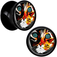 Load image into Gallery viewer, Colorful Trippy Cat Black Acrylic Saddle Plug Set 8mm to 20mm by Onyx O
