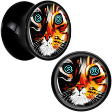 Load image into Gallery viewer, Colorful Trippy Cat Black Acrylic Saddle Plug Set 8mm to 20mm by Onyx O
