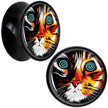 Load image into Gallery viewer, Colorful Trippy Cat Black Acrylic Saddle Plug Set 8mm to 20mm by Onyx O
