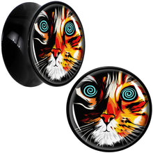 Load image into Gallery viewer, Colorful Trippy Cat Black Acrylic Saddle Plug Set 8mm to 20mm by Onyx O
