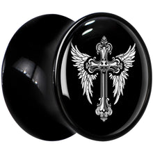 Load image into Gallery viewer, 0G Black White Winged Cross Black Acrylic Saddle Plug Set by Onyx O
