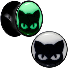 Load image into Gallery viewer, Black Acrylic Glow in the Dark Peeking Cat Double Flare Plug Set by Onyx O
