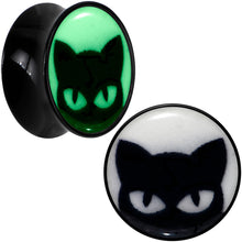 Load image into Gallery viewer, Black Acrylic Glow in the Dark Peeking Cat Double Flare Plug Set by Onyx O
