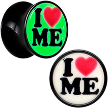 Load image into Gallery viewer, Black Acrylic I Love Me Glow in the Dark Double Flare Plug Set by Onyx O
