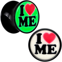 Load image into Gallery viewer, Black Acrylic I Love Me Glow in the Dark Double Flare Plug Set by Onyx O

