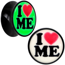 Load image into Gallery viewer, Black Acrylic I Love Me Glow in the Dark Double Flare Plug Set by Onyx O
