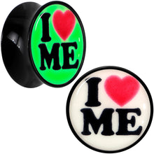 Load image into Gallery viewer, Black Acrylic I Love Me Glow in the Dark Double Flare Plug Set by Onyx O
