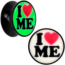 Load image into Gallery viewer, Black Acrylic I Love Me Glow in the Dark Double Flare Plug Set by Onyx O
